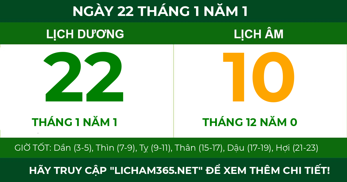 lịch âm ngày 22 tháng 1 năm 1