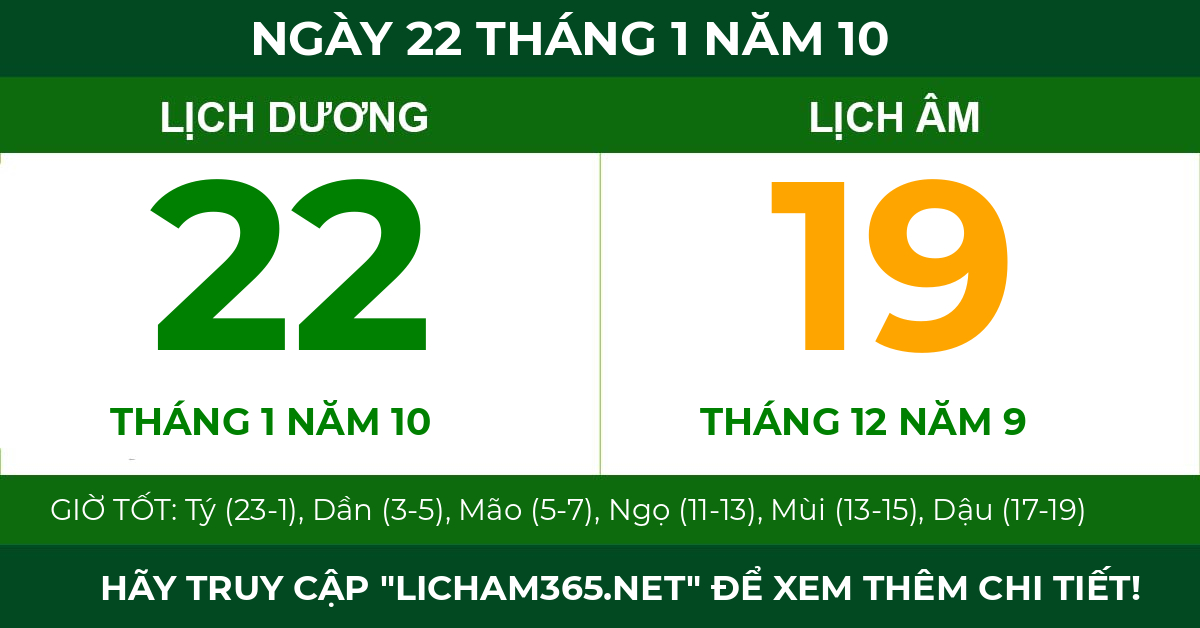 lịch âm ngày 22 tháng 1 năm 10