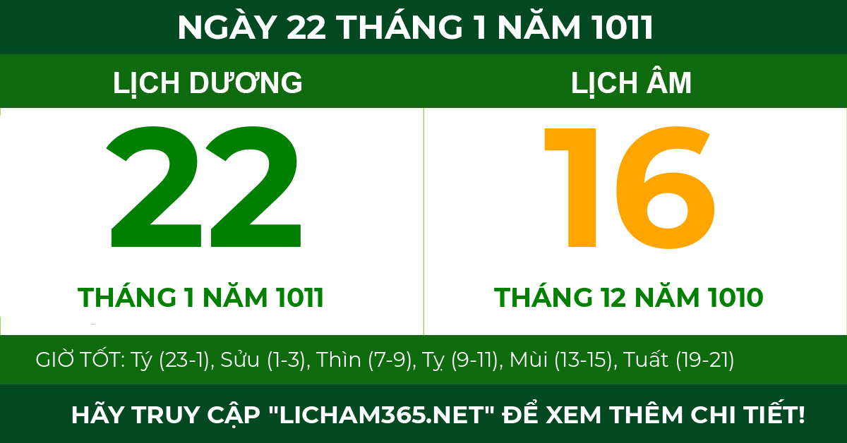 lịch âm ngày 22 tháng 1 năm 1011