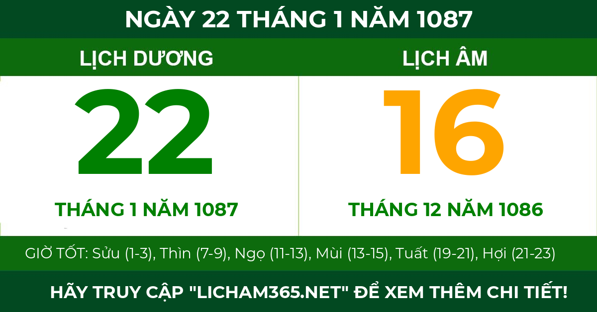 lịch âm ngày 22 tháng 1 năm 1087