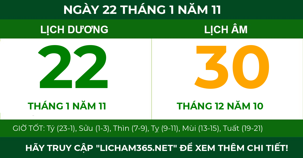 lịch âm ngày 22 tháng 1 năm 11