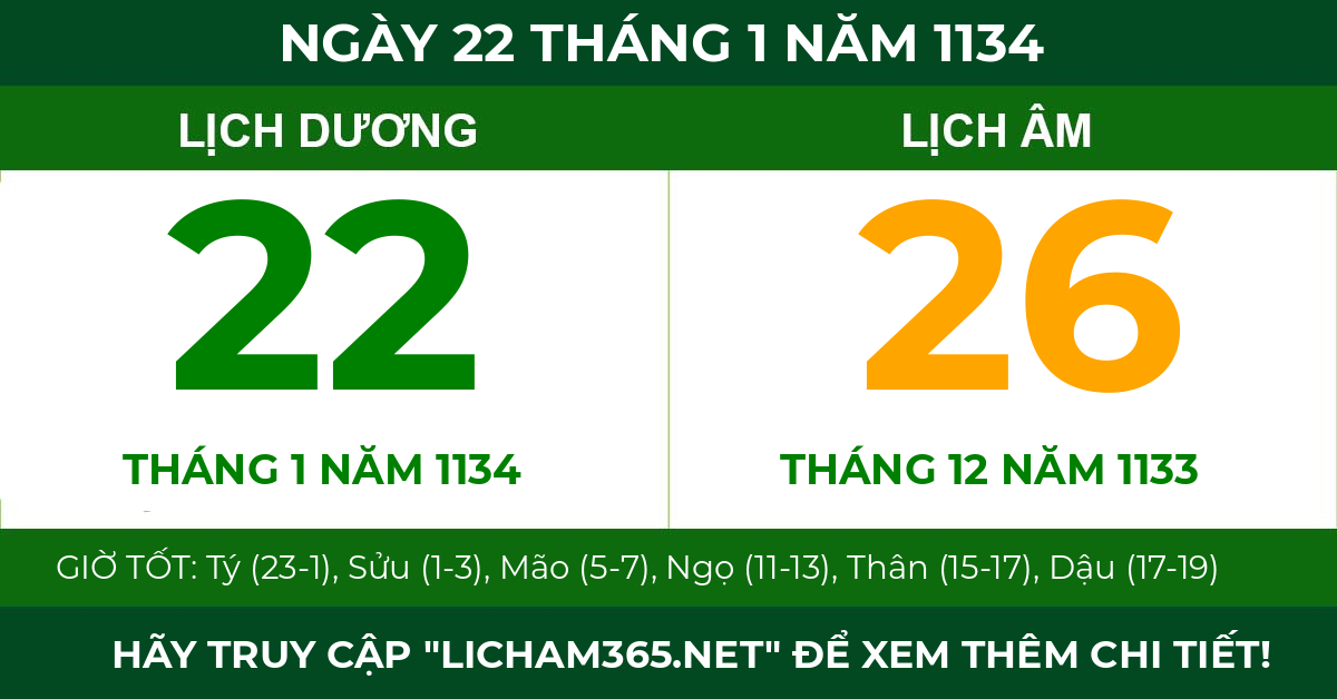 lịch âm ngày 22 tháng 1 năm 1134