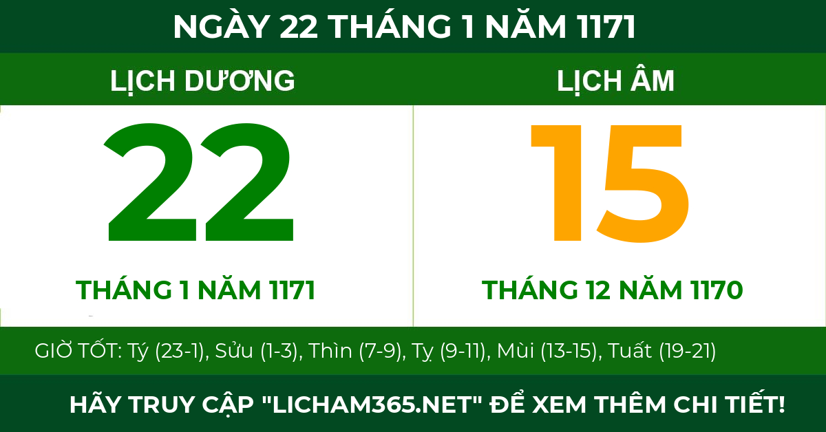 lịch âm ngày 22 tháng 1 năm 1171