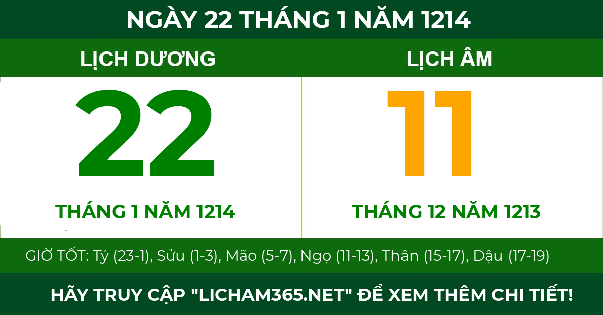 lịch âm ngày 22 tháng 1 năm 1214