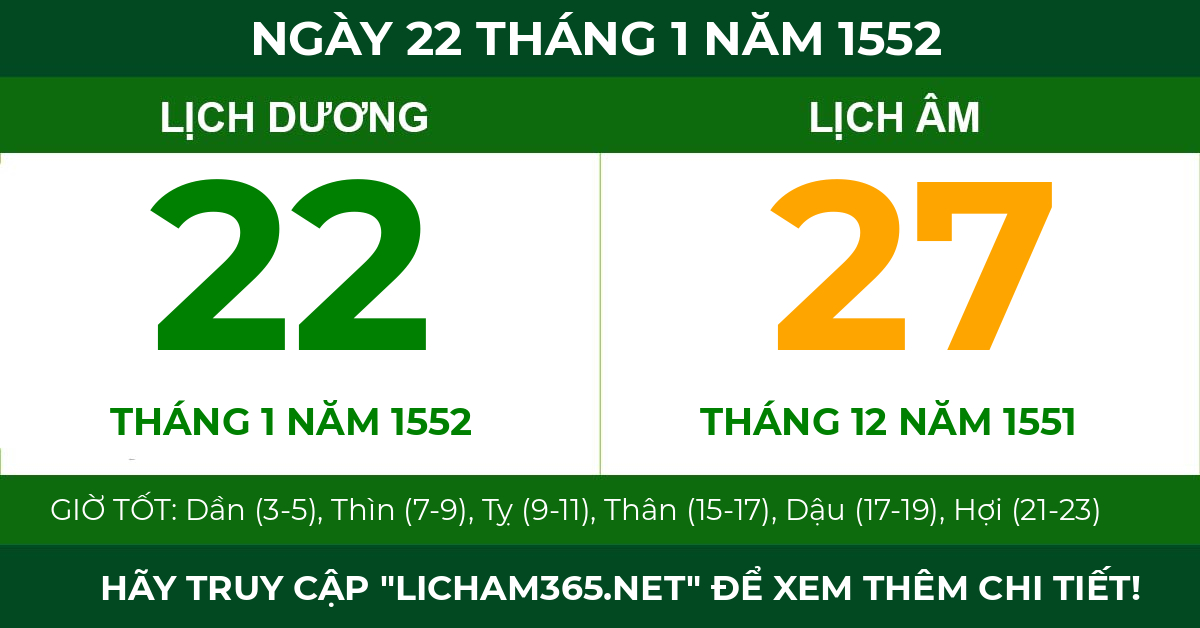 lịch âm ngày 22 tháng 1 năm 1552