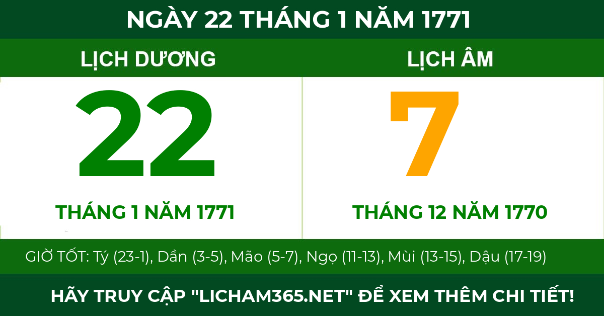 lịch âm ngày 22 tháng 1 năm 1771