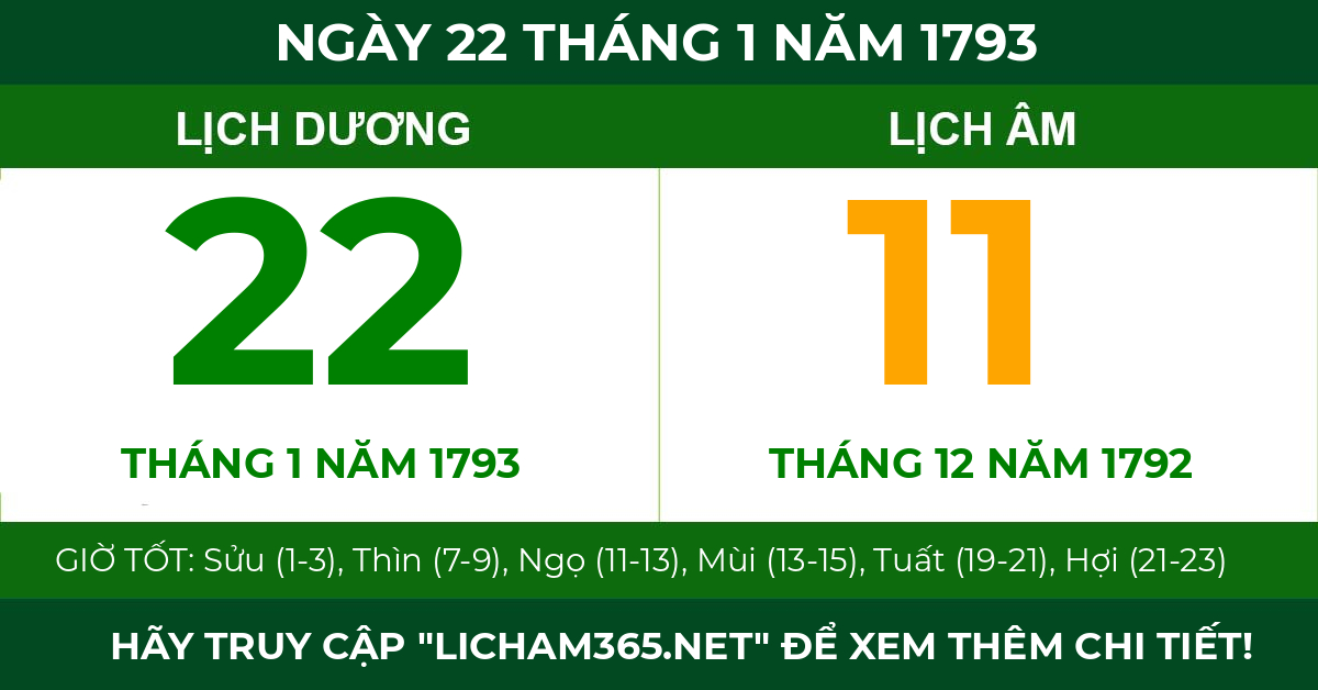 lịch âm ngày 22 tháng 1 năm 1793