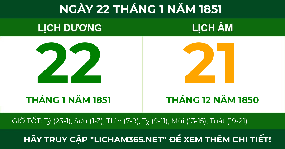 lịch âm ngày 22 tháng 1 năm 1851