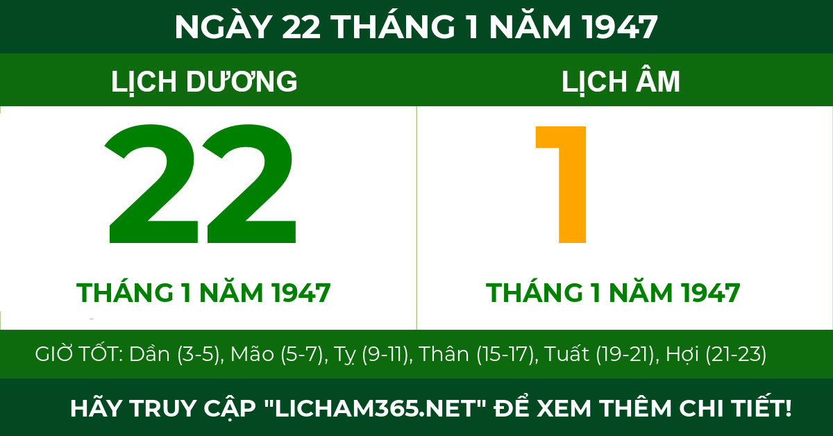 lịch âm ngày 22 tháng 1 năm 1947