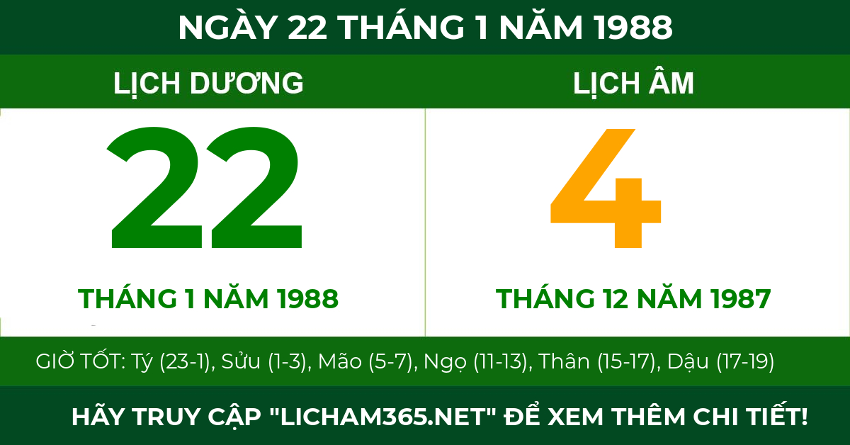 lịch âm ngày 22 tháng 1 năm 1988