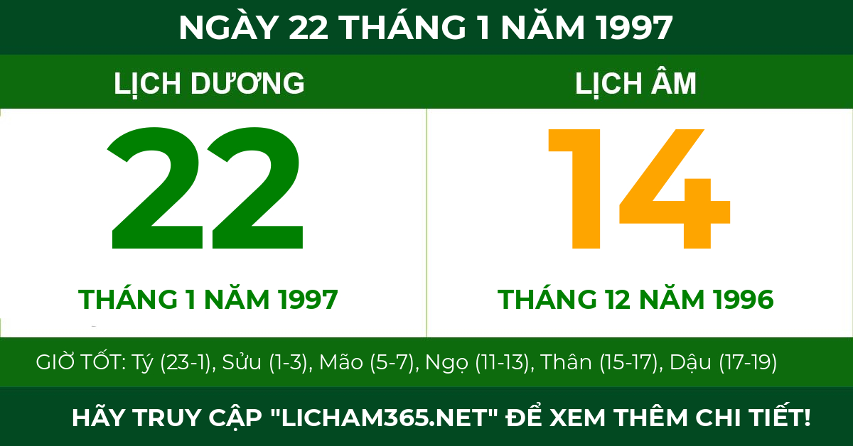 lịch âm ngày 22 tháng 1 năm 1997