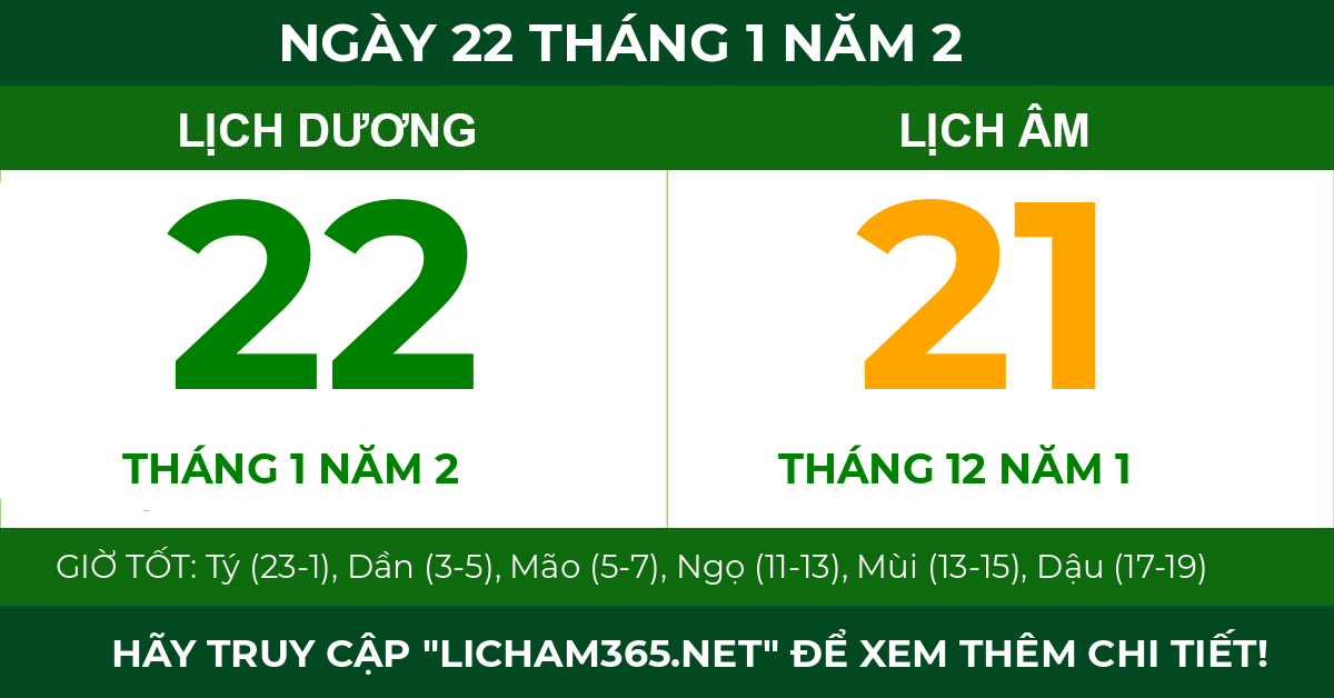 lịch âm ngày 22 tháng 1 năm 2