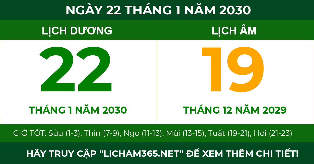 lịch âm ngày 22 tháng 1 năm 2030