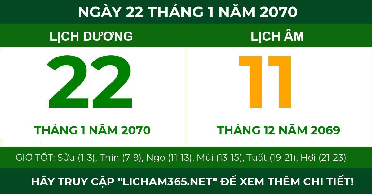 lịch âm ngày 22 tháng 1 năm 2070
