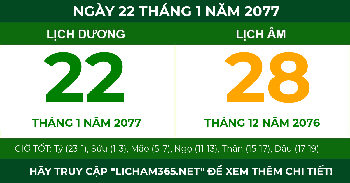 lịch âm ngày 22 tháng 1 năm 2077
