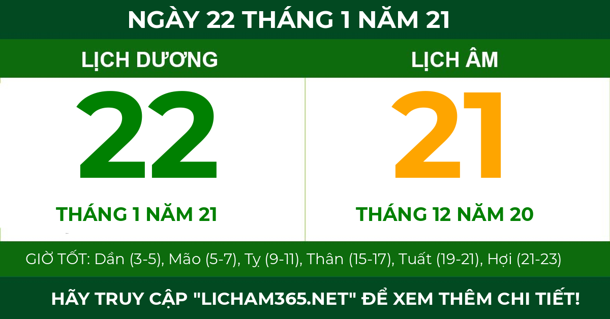 lịch âm ngày 22 tháng 1 năm 21