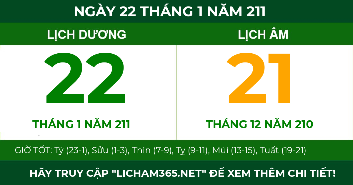 lịch âm ngày 22 tháng 1 năm 211
