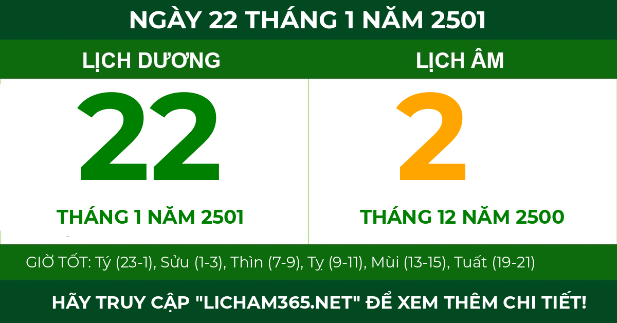 lịch âm ngày 22 tháng 1 năm 2501