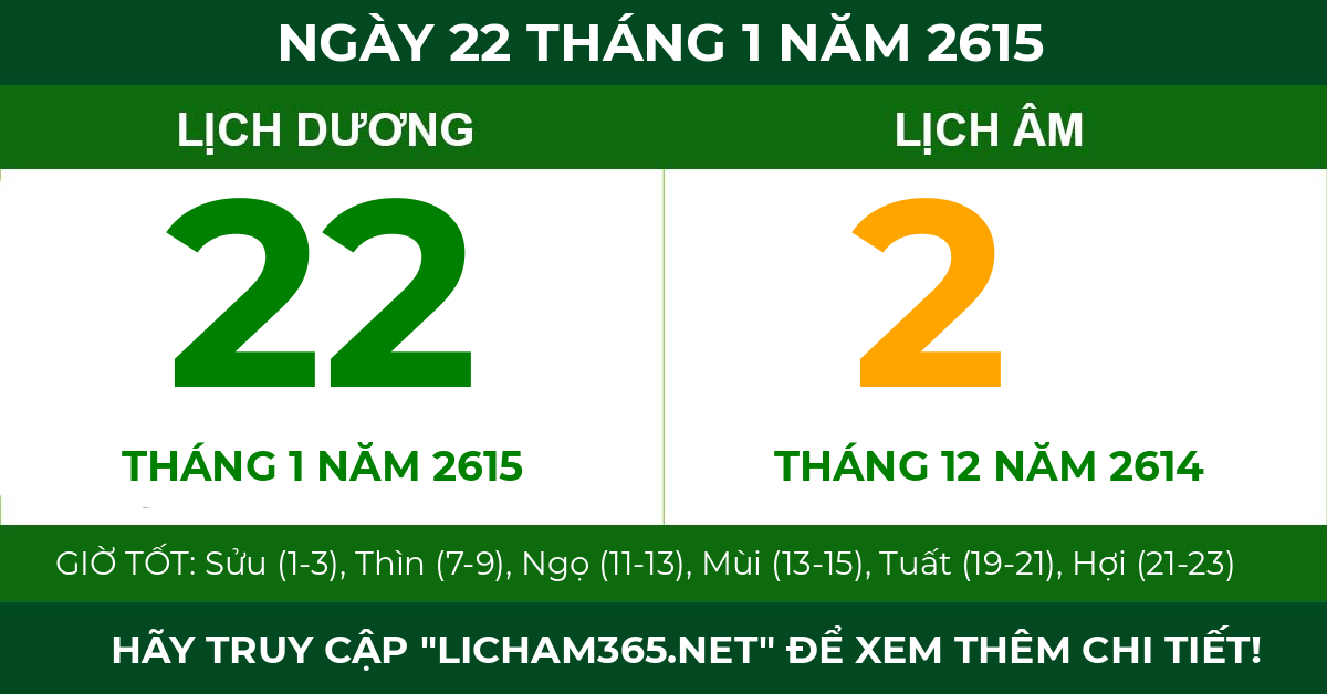 lịch âm ngày 22 tháng 1 năm 2615
