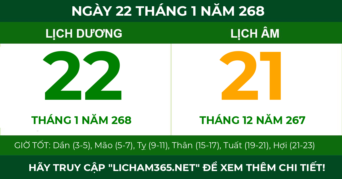 lịch âm ngày 22 tháng 1 năm 268