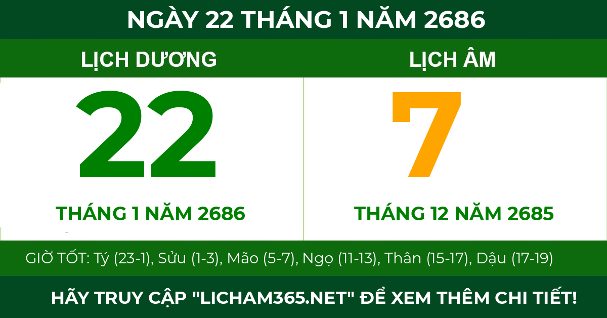 lịch âm ngày 22 tháng 1 năm 2686
