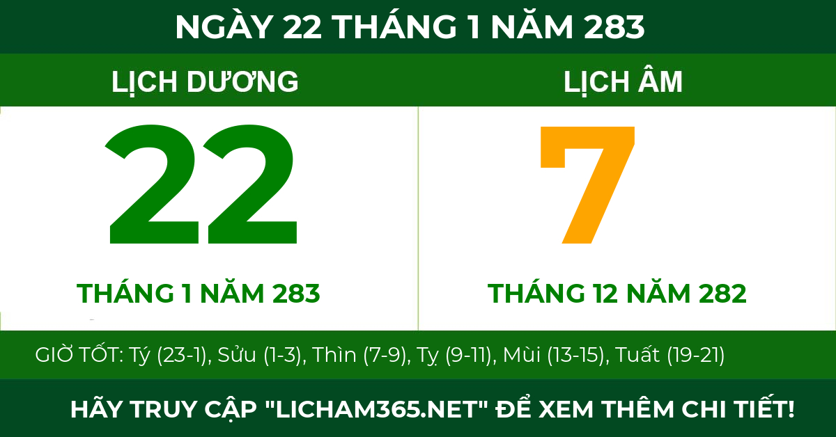 lịch âm ngày 22 tháng 1 năm 283