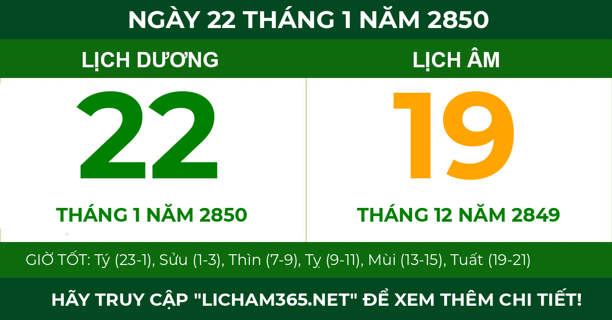 lịch âm ngày 22 tháng 1 năm 2850