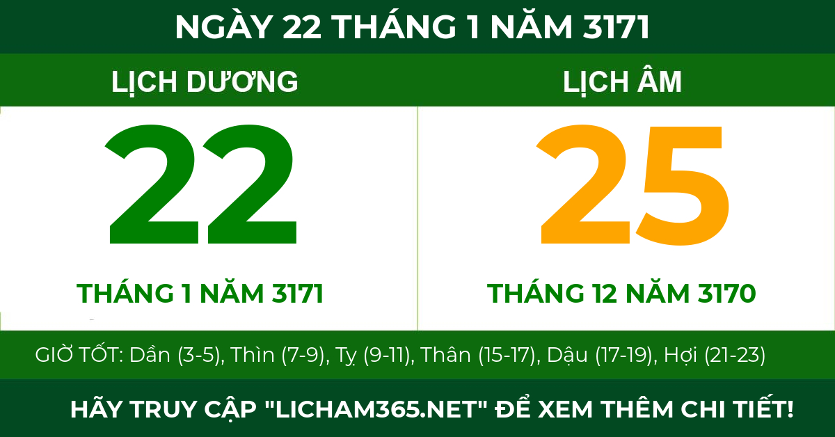 lịch âm ngày 22 tháng 1 năm 3171