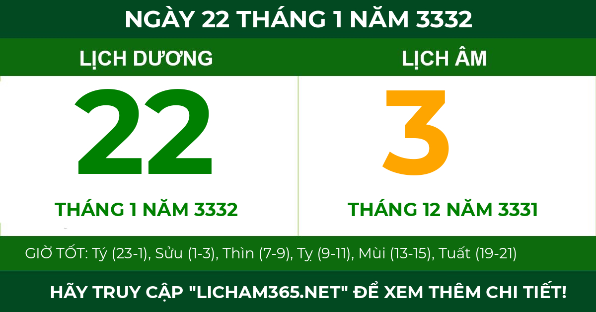lịch âm ngày 22 tháng 1 năm 3332