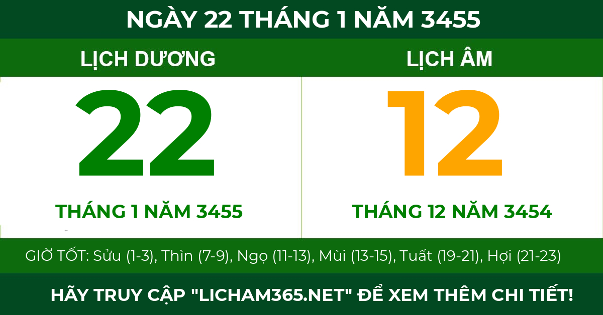 lịch âm ngày 22 tháng 1 năm 3455