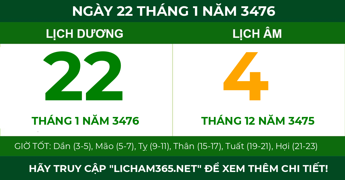 lịch âm ngày 22 tháng 1 năm 3476