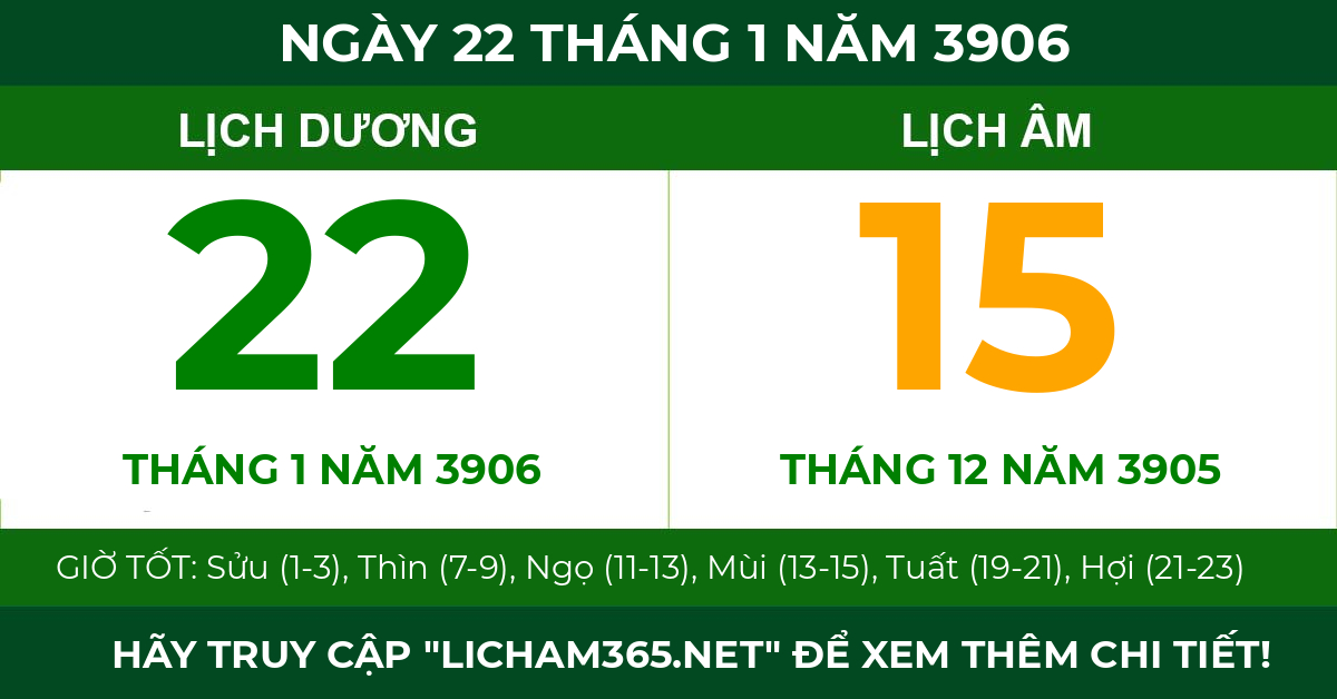 lịch âm ngày 22 tháng 1 năm 3906