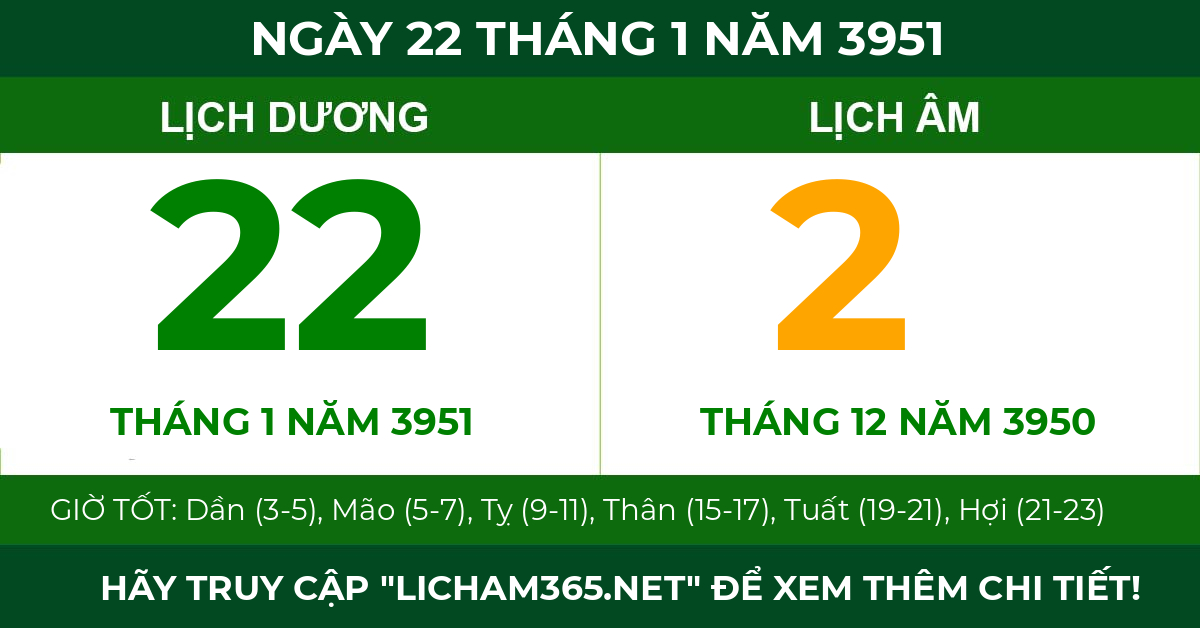 lịch âm ngày 22 tháng 1 năm 3951