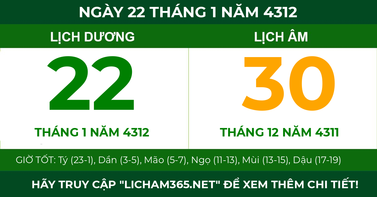lịch âm ngày 22 tháng 1 năm 4312