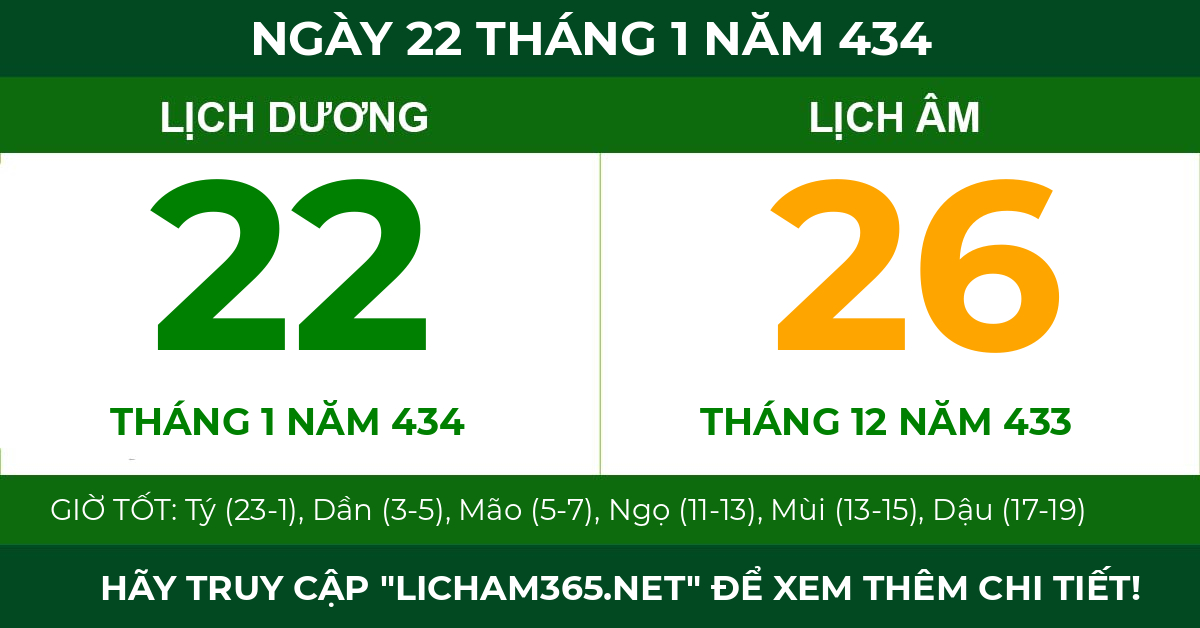 lịch âm ngày 22 tháng 1 năm 434