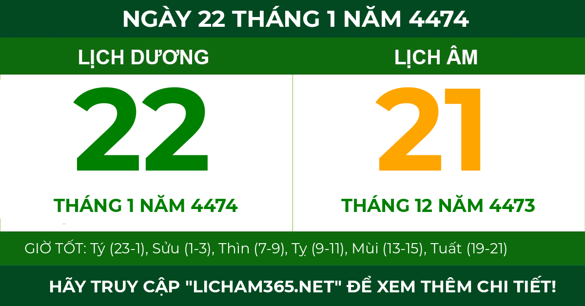 lịch âm ngày 22 tháng 1 năm 4474