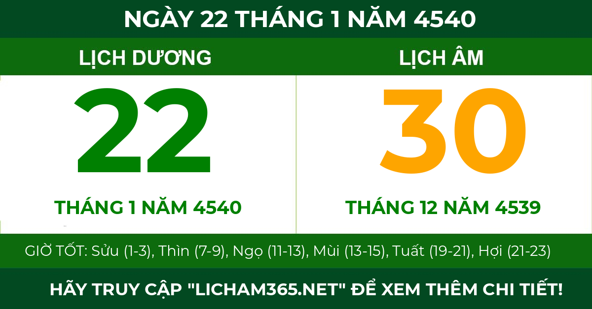 lịch âm ngày 22 tháng 1 năm 4540
