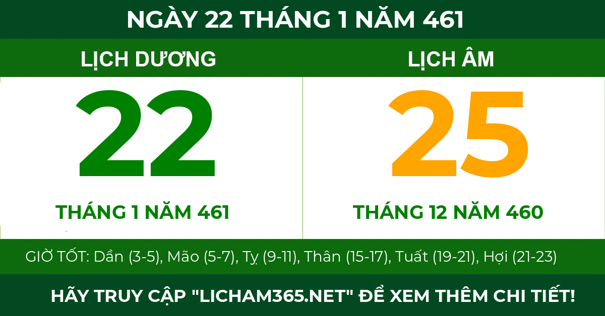lịch âm ngày 22 tháng 1 năm 461