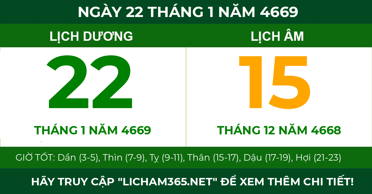 lịch âm ngày 22 tháng 1 năm 4669
