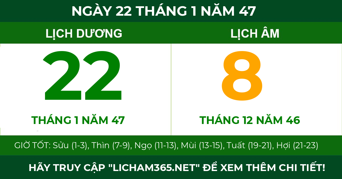 lịch âm ngày 22 tháng 1 năm 47