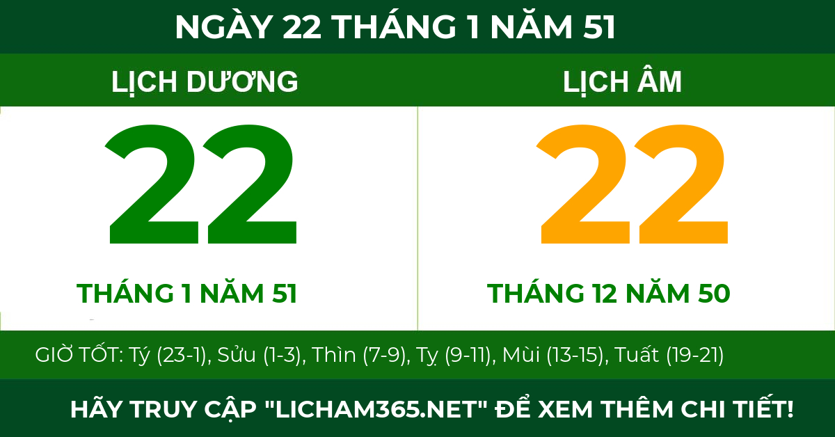 lịch âm ngày 22 tháng 1 năm 51