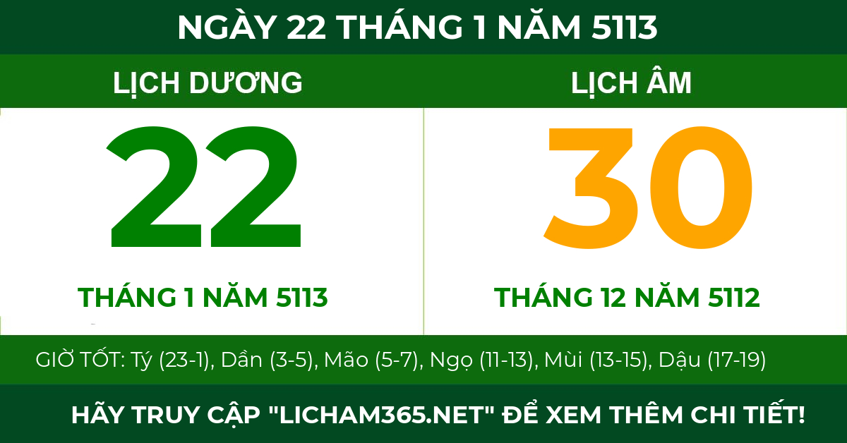 lịch âm ngày 22 tháng 1 năm 5113