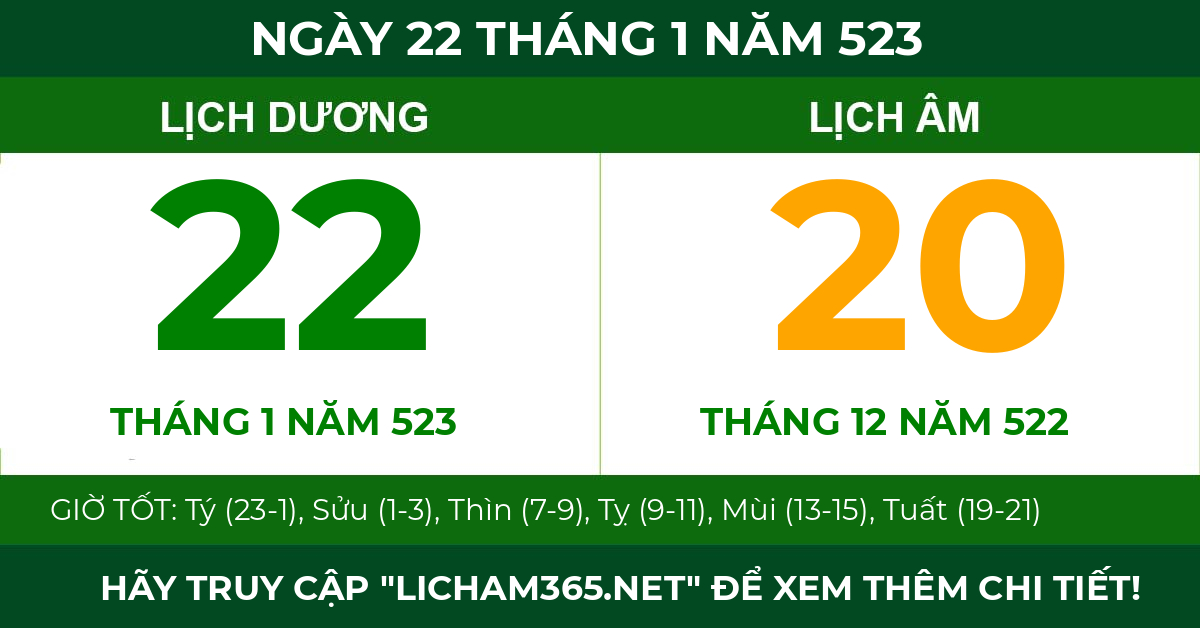 lịch âm ngày 22 tháng 1 năm 523