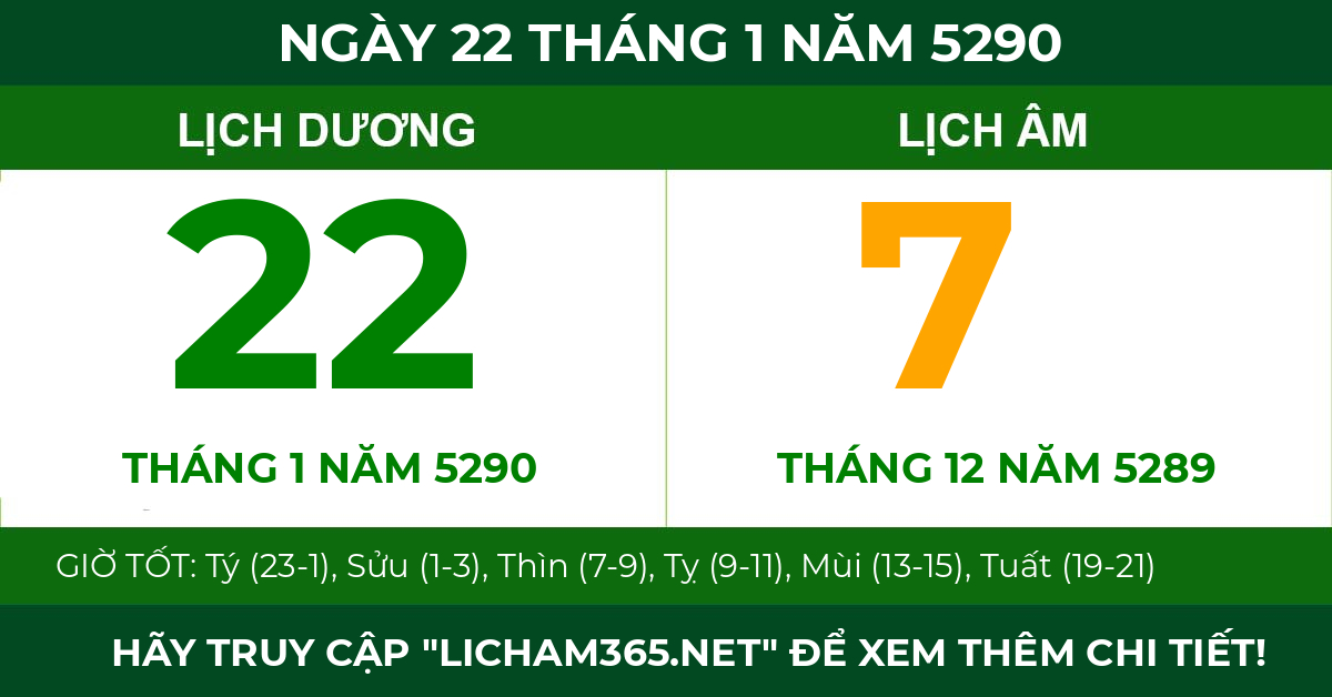 lịch âm ngày 22 tháng 1 năm 5290