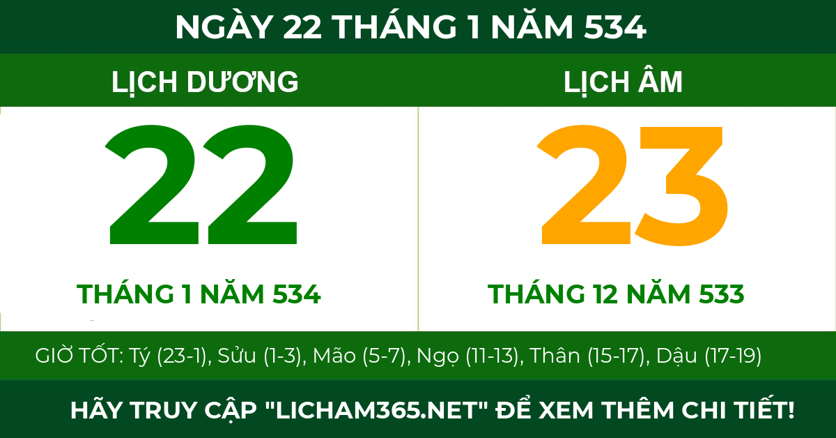 lịch âm ngày 22 tháng 1 năm 534