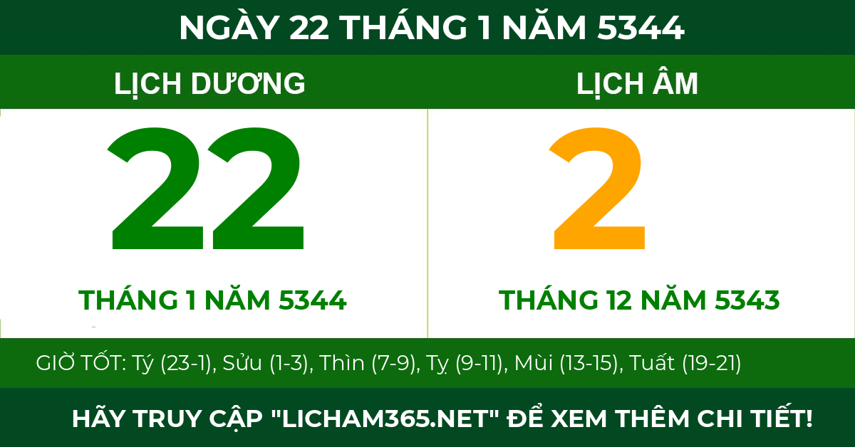 lịch âm ngày 22 tháng 1 năm 5344
