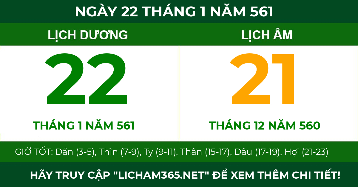 lịch âm ngày 22 tháng 1 năm 561