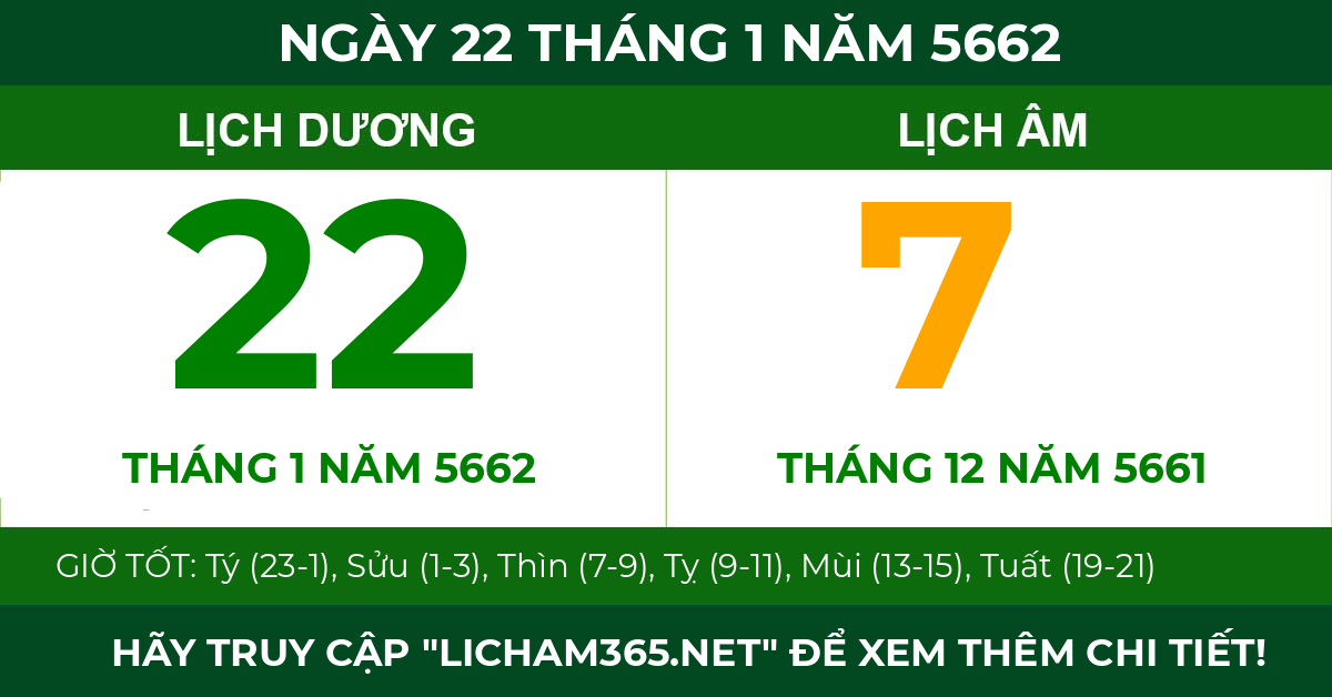 lịch âm ngày 22 tháng 1 năm 5662