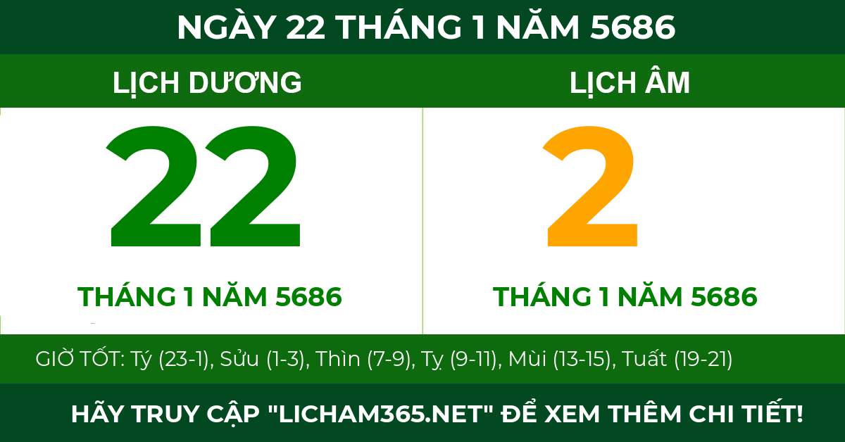 lịch âm ngày 22 tháng 1 năm 5686