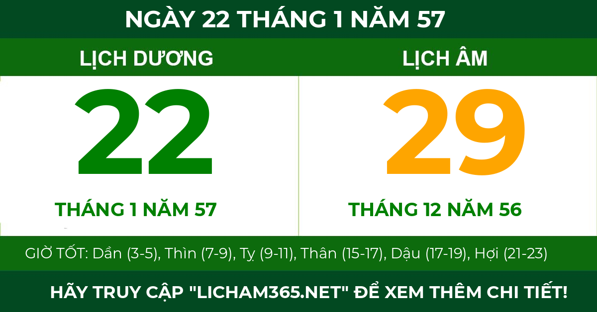 lịch âm ngày 22 tháng 1 năm 57